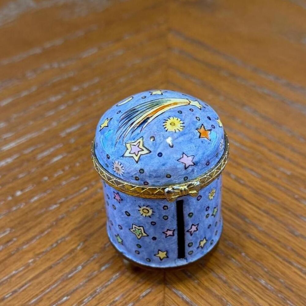 Vintage Empress Arts Blue Stamp Holder Trinket Box with Celestial Stars Comet De